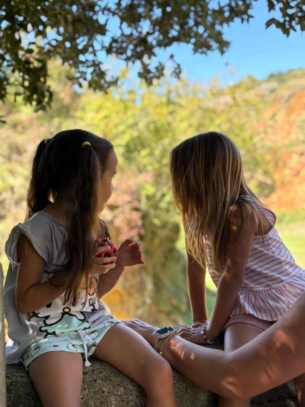 Dos niñas sentadas juntas hablando, de espaldas