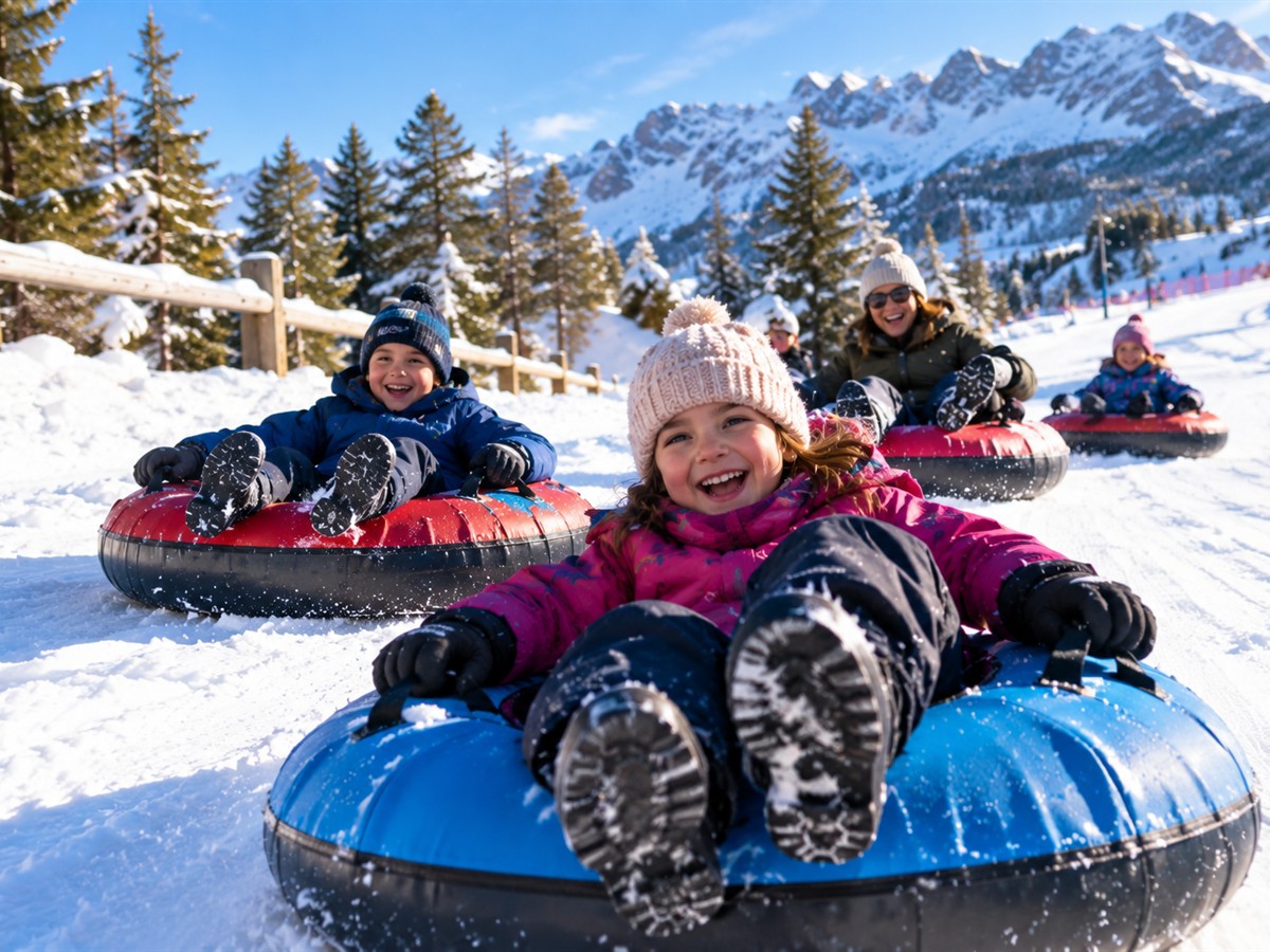 Niños y adultos bajando en flotadores por la nieve en la montaña